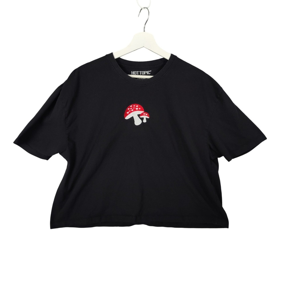 Hot Topic Women Goblincore Fairy Mushroom Crop Shirt XL Top Black Embroidered